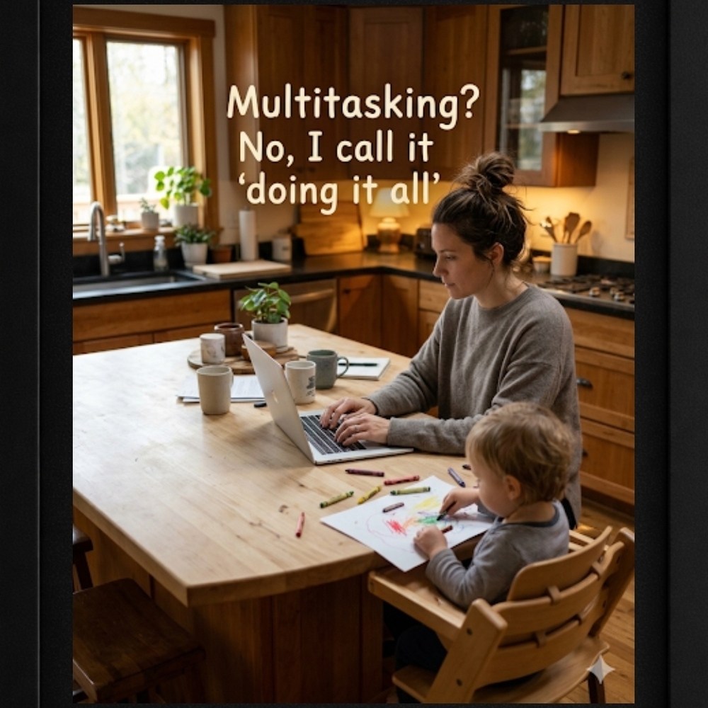 Multitasking Mom and Child A.I. Art Print In A Glass Front Frame 8x10